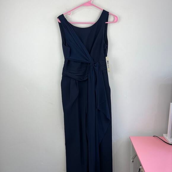 Eliza J Navy Ruffled Chiffon Draped Sleeveless Evening Wide Leg Jumpsuit Size 6 - Picture 2 of 12